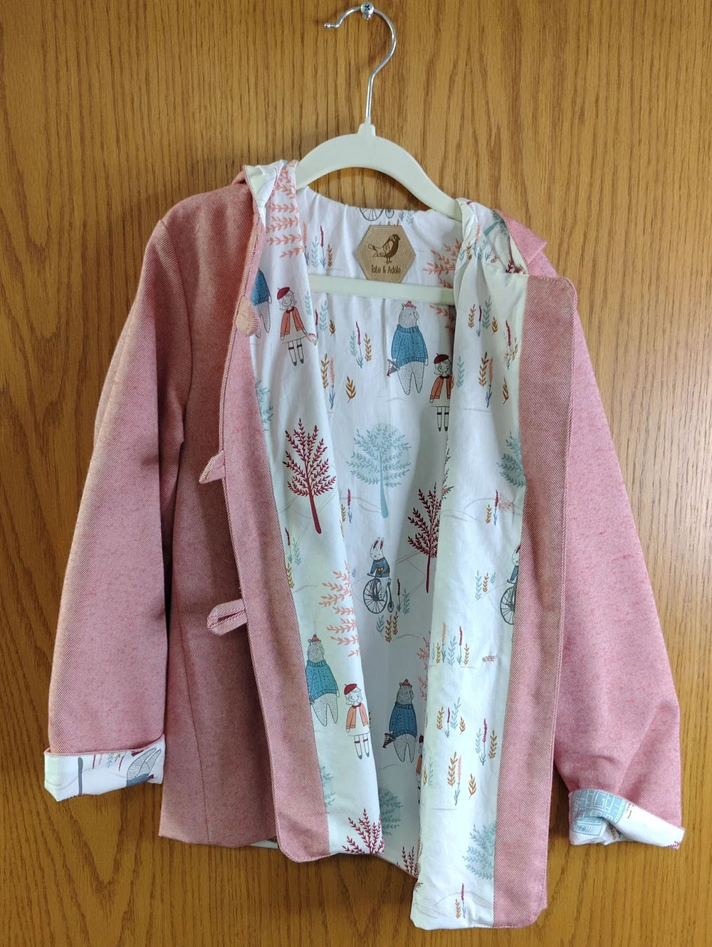 Kids' Pink Hooded Pea Coat with Printed Lining